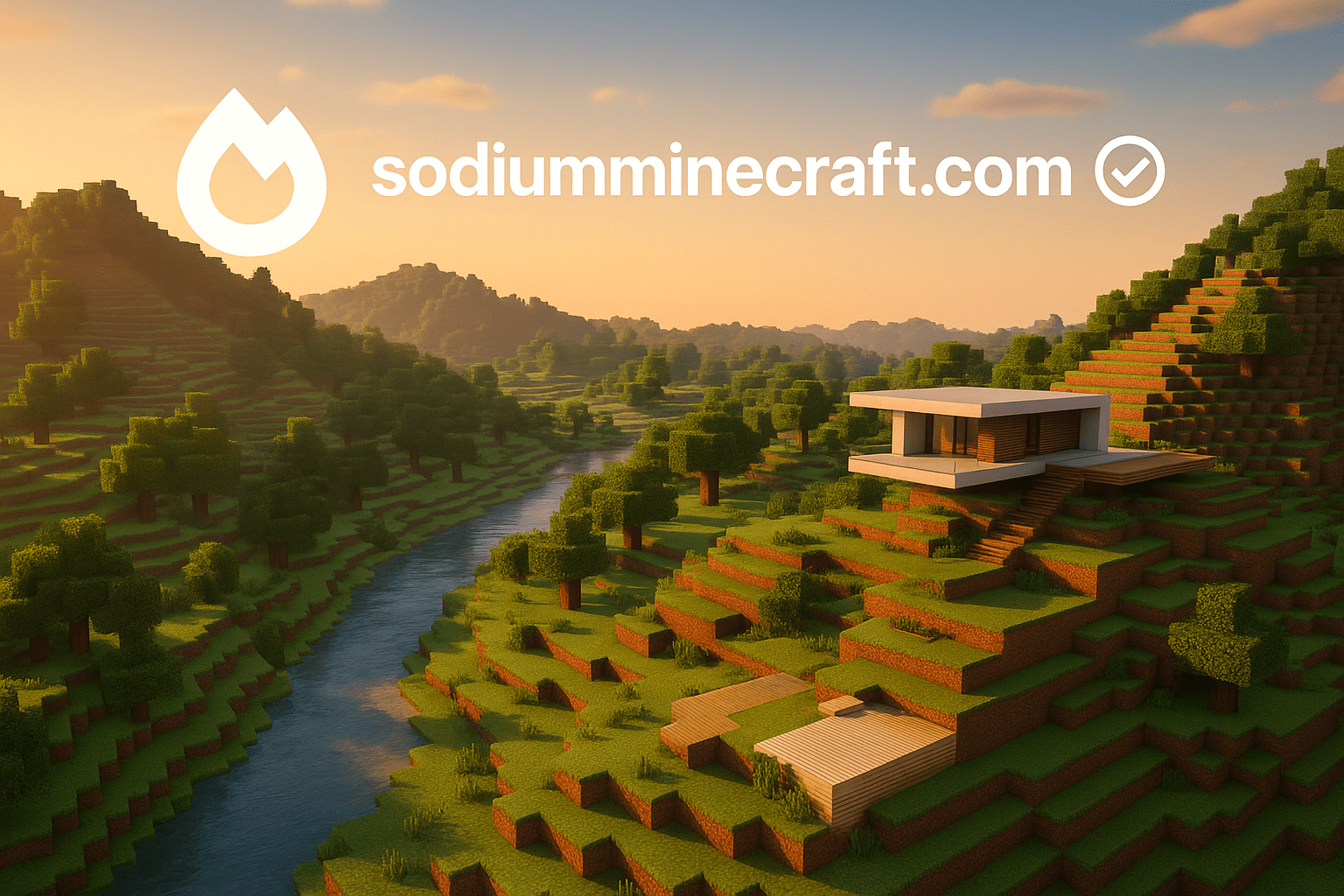 Official Sodium Minecraft landscape featuring the sodiumminecraft.com branding with verified checkmark - showcasing breathtaking sunset vista over rolling green hills, flowing river, modern architectural structures, and the distinctive Sodium logo, demonstrating superior visual quality and performance optimization that represents the Sodium brand's commitment to excellence